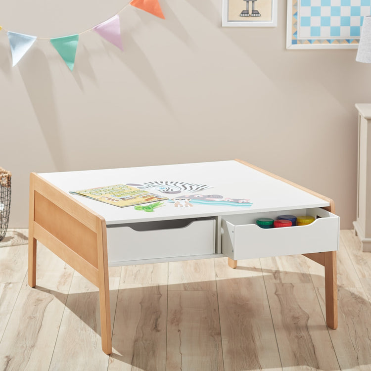 the Melissa & Doug Wooden Art and Activity Table with 4 Wooden Bins - Kids Furniture for Playroom, Light Woodgrain and White 2-Tone Finish