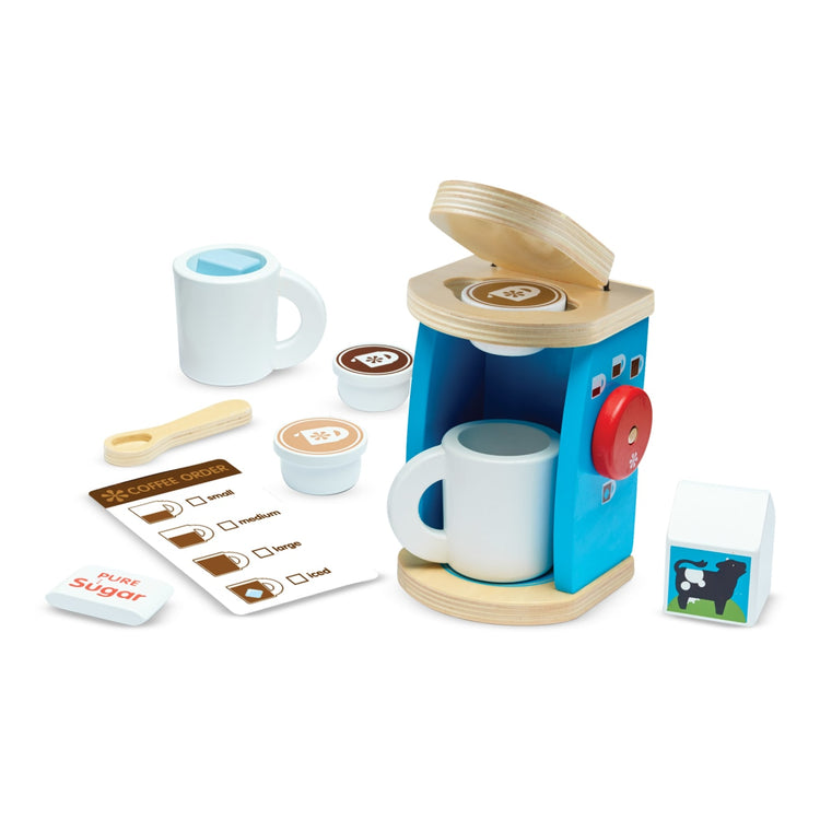 The loose pieces of the Melissa & Doug 11-Piece Brew and Serve Wooden Coffee Maker Set - Play Kitchen Accessories
