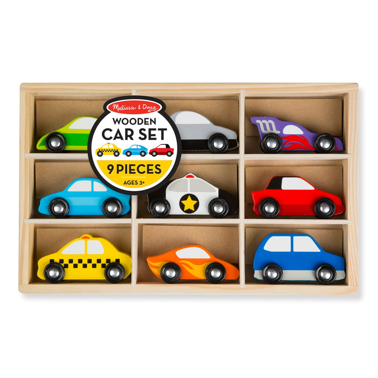 the Melissa & Doug Wooden Cars Vehicle Set in Wooden Tray