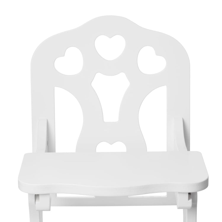 An assembled or decorated the Melissa & Doug Mine to Love Wooden Play High Chair for Dolls, Stuffed Animals - White (18”H x 8”W x 11”D Assembled)
