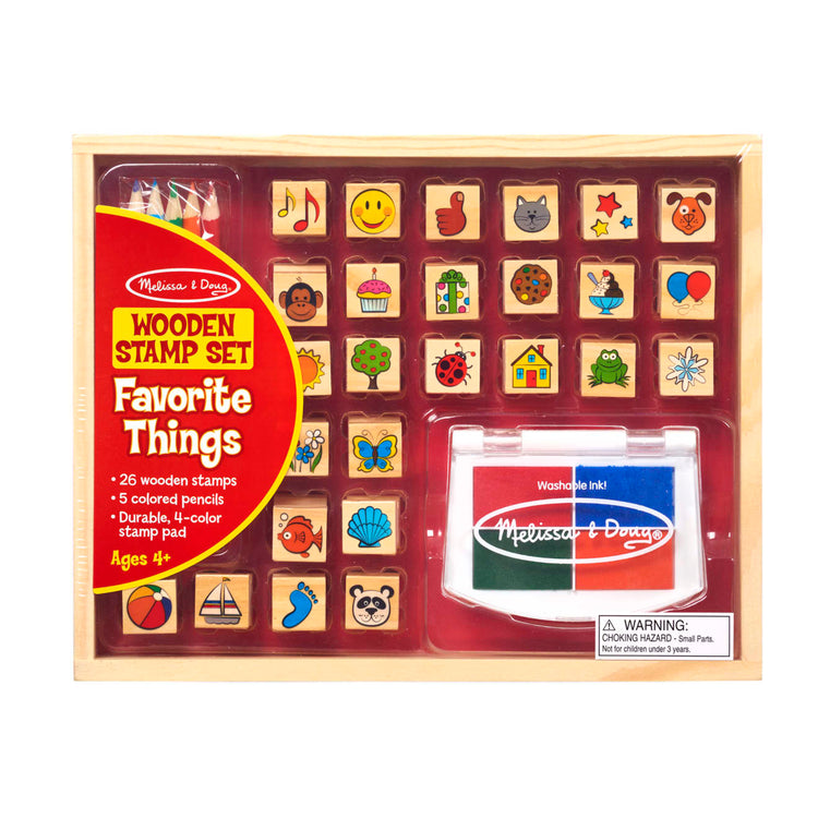 the Melissa & Doug Wooden Stamp Set, Favorite Things - 26 Wooden Stamps, 4-Color Stamp Pad