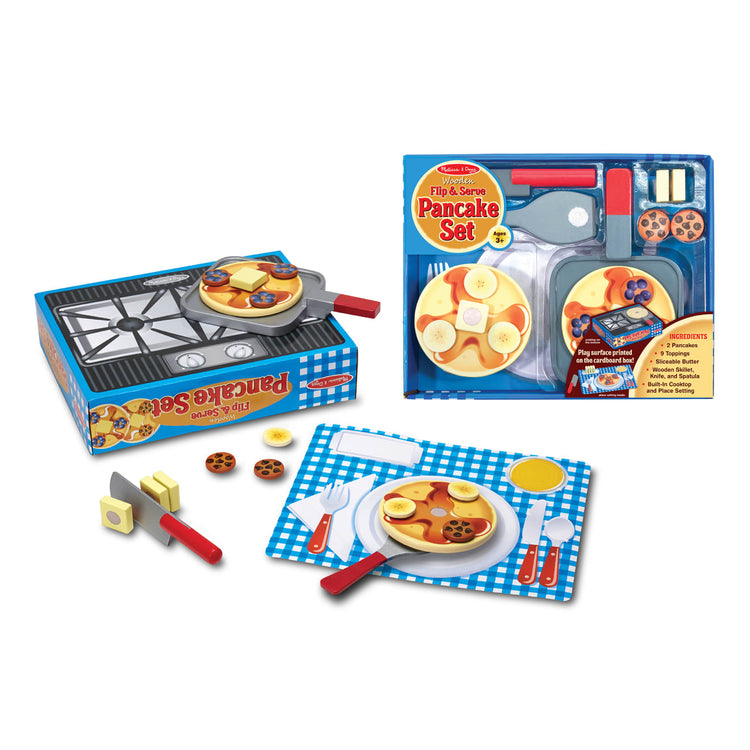 The loose pieces of the Melissa & Doug Flip and Serve Pancake Set (19 pcs) - Wooden Breakfast Play Food
