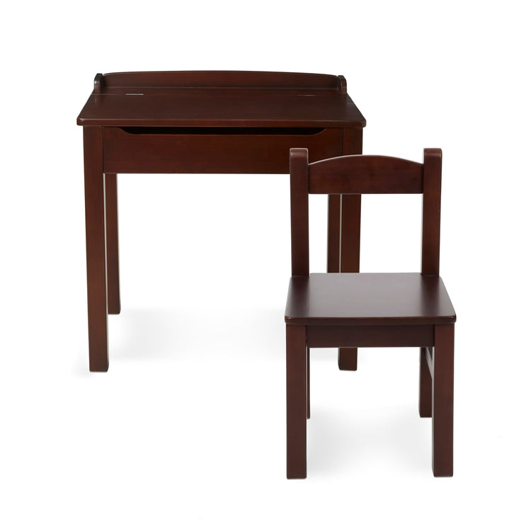 An assembled or decorated the Melissa & Doug Wooden Child's Lift-Top Desk & Chair - Espresso
