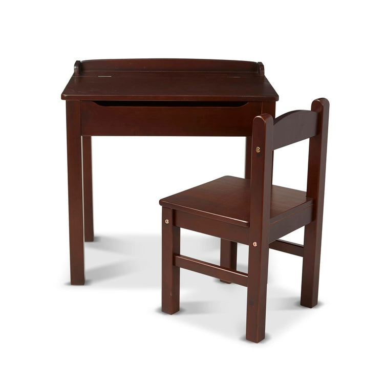 The loose pieces of the Melissa & Doug Wooden Child's Lift-Top Desk & Chair - Espresso