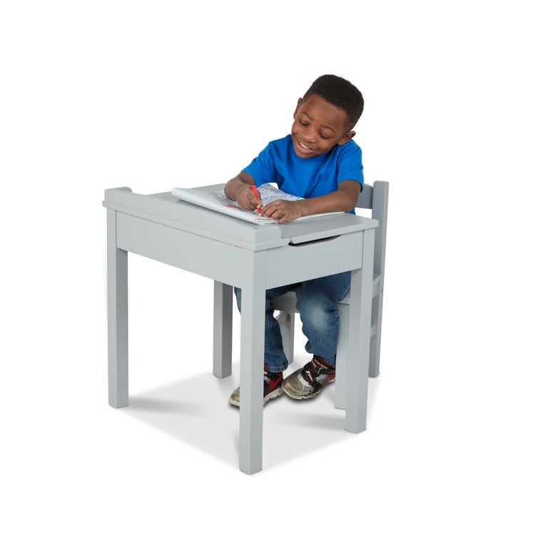 A child on white background with the Wooden Lift-Top Desk & Chair - Gray