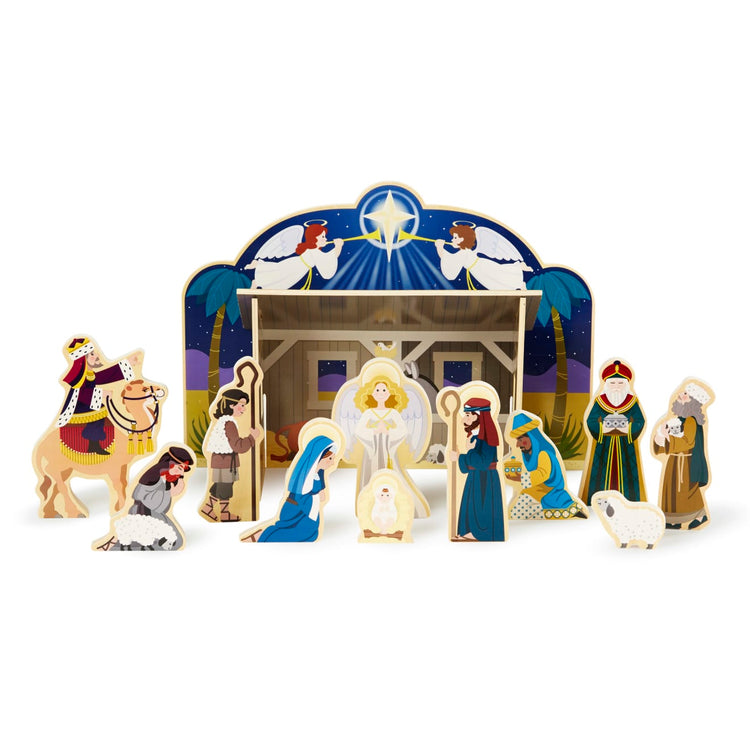 The loose pieces of the Melissa & Doug Classic Wooden Christmas Nativity Set With 4-Piece Stable and 11 Wooden Figures