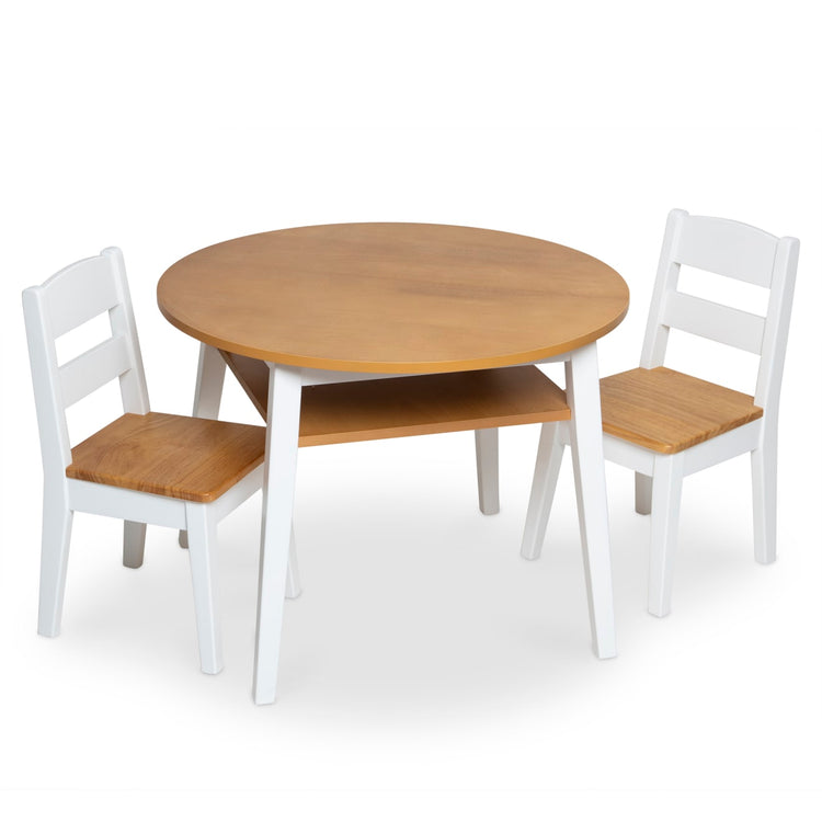 The loose pieces of the Melissa & Doug Wooden Round Table and 2 Chairs Set – Kids Furniture for Playroom, Light Woodgrain and White 2-Tone Finish