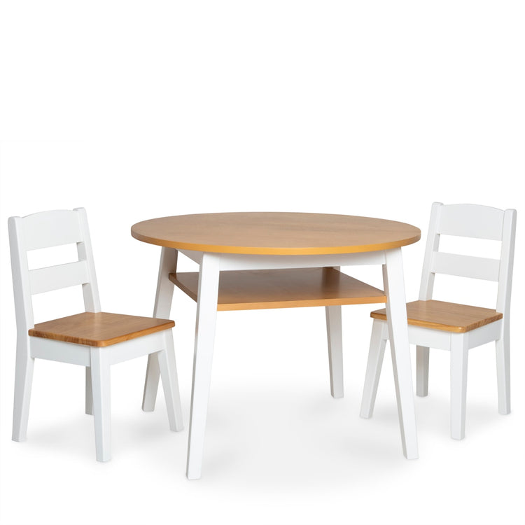 The loose pieces of the Melissa & Doug Wooden Round Table and 2 Chairs Set – Kids Furniture for Playroom, Light Woodgrain and White 2-Tone Finish