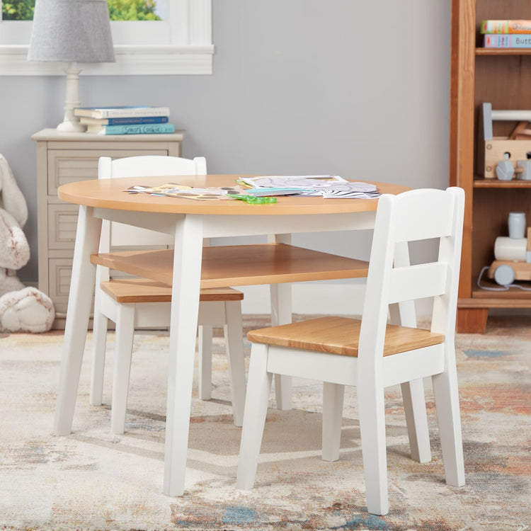 the Melissa & Doug Wooden Round Table and 2 Chairs Set – Kids Furniture for Playroom, Light Woodgrain and White 2-Tone Finish
