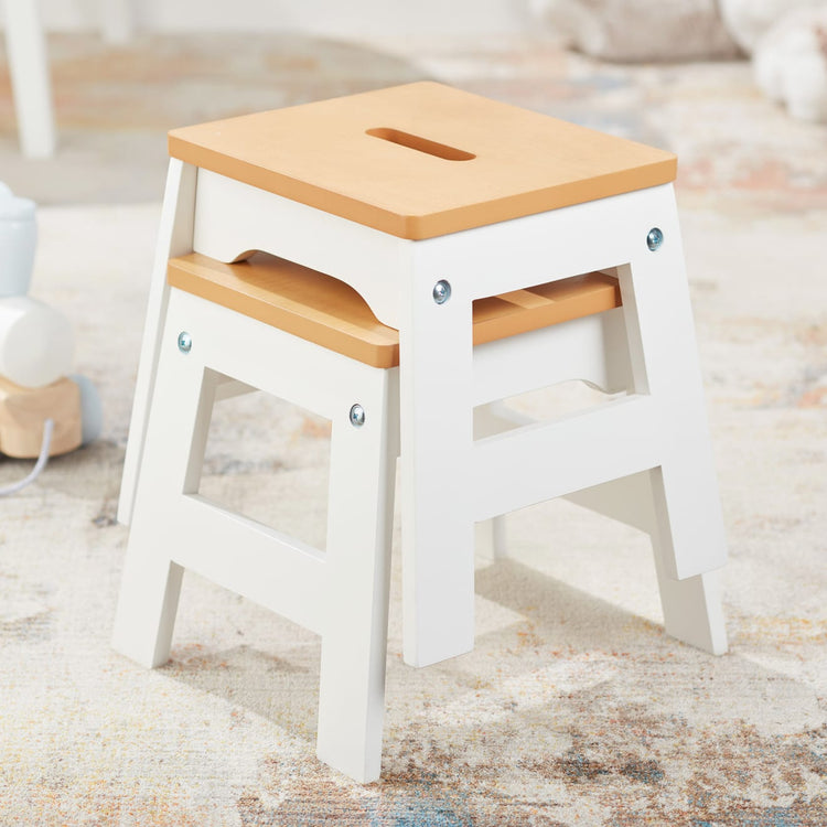 Melissa & Doug Wooden Stools – Set of 2 Stackable, Portable 11-Inch-Tall Stools (Natural/White)