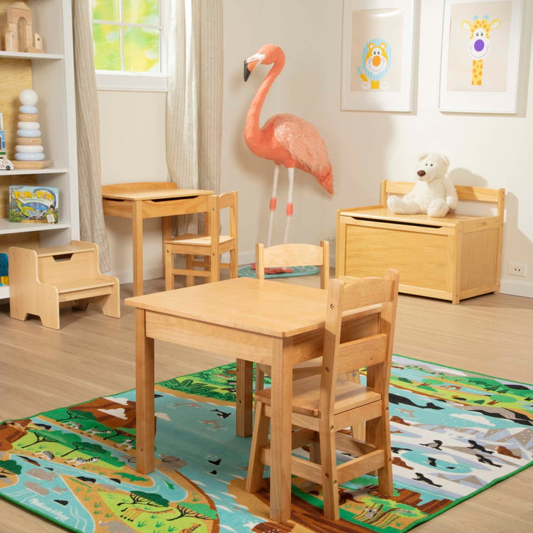 the Melissa & Doug Solid Wood Table and 2 Chairs Set - Light Finish Furniture for Playroom
