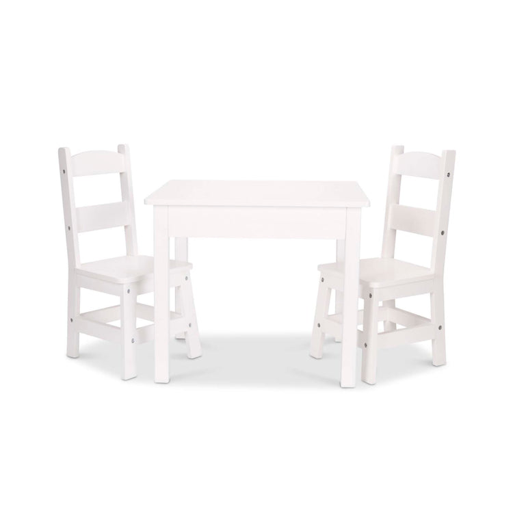 The loose pieces of the Melissa & Doug Wooden Kids Table and 2 Chairs Set - White Furniture for Playroom
