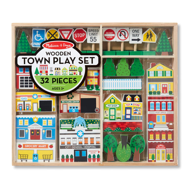 the Melissa & Doug Wooden Town Play Set With Storage Tray (32 pcs)