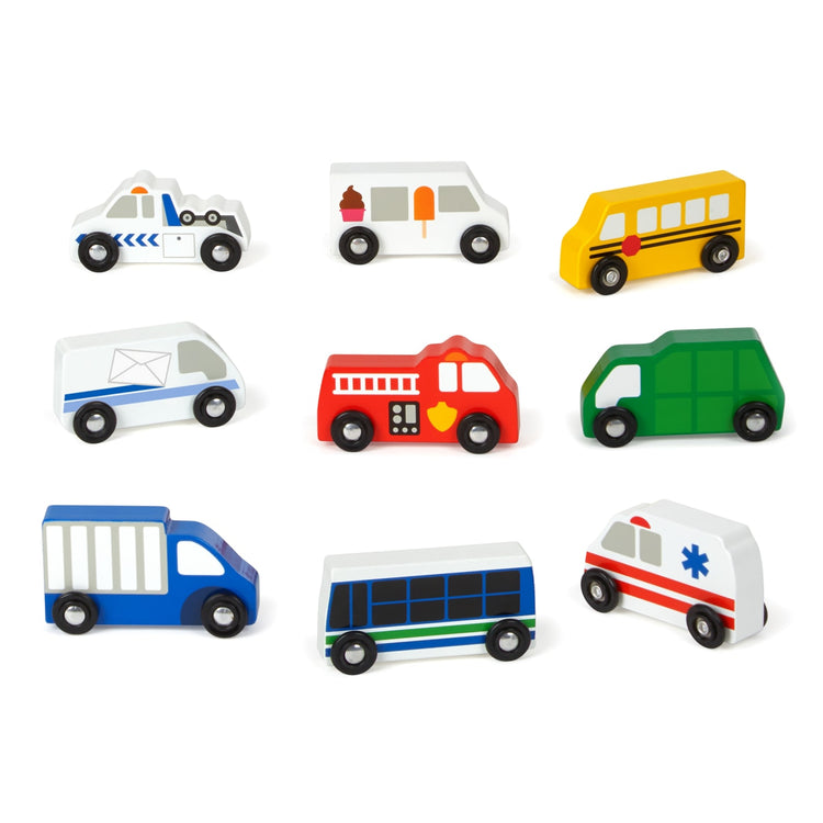 the Melissa & Doug Wooden Town Vehicles Set in Wooden Tray (9 pcs)