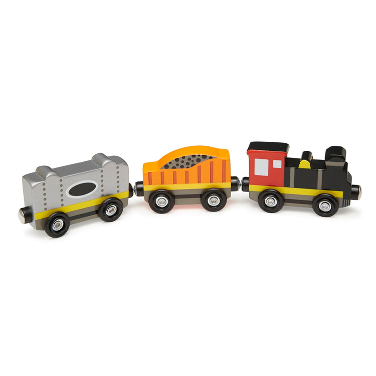 the Melissa & Doug Wooden Train Cars - 8 3-Inch Wheeled Trains in Crate
